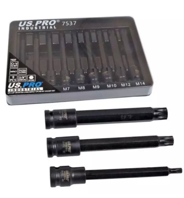 US PRO Industrial ￼Tools  ￼9pc 3/8" Dr Extra Long Impact Spline Socket Set 7537