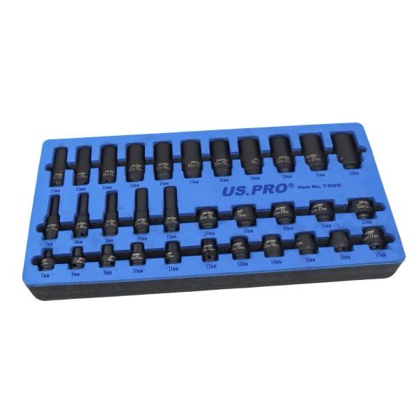 US PRO Tools 32pc 3/8” Drive Impact  Socket Set 7mm/22mm Shallow & Deep 6PT 7595