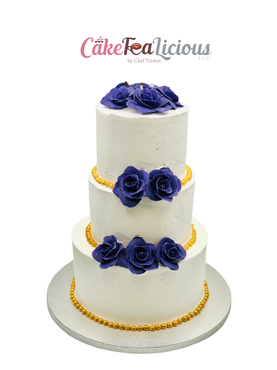 Cream Purple Flower Wedding Cake