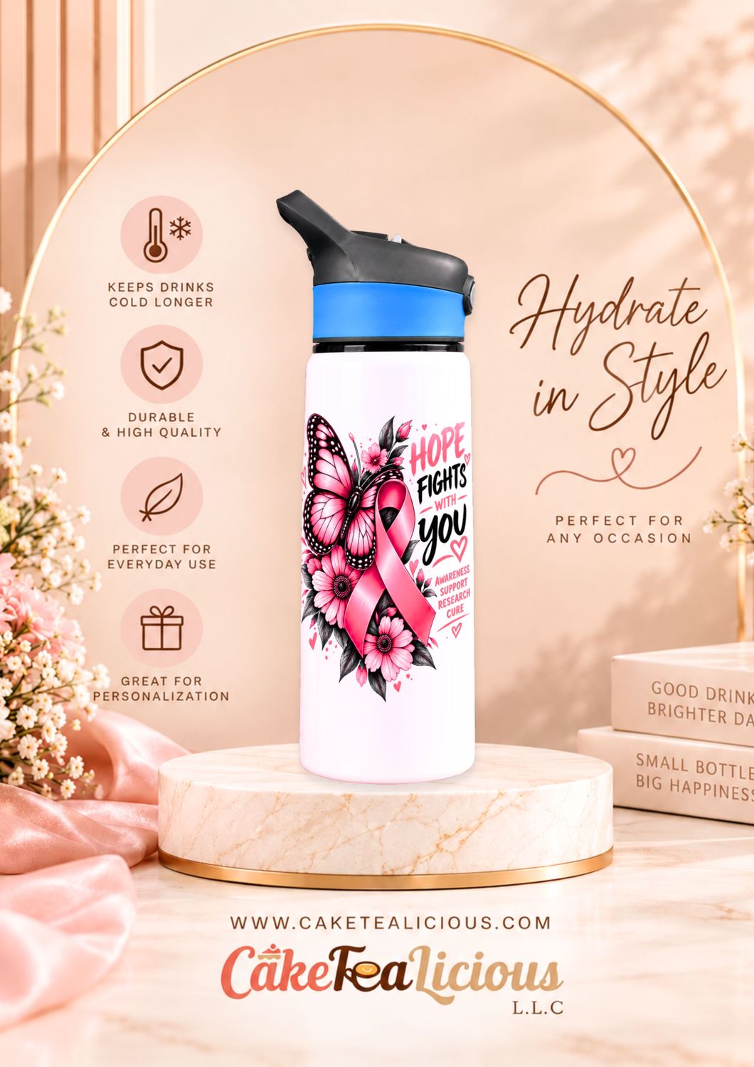 ALUMINIUM WATER BOTTLE 600ML WHITE WITH BLUE CAP