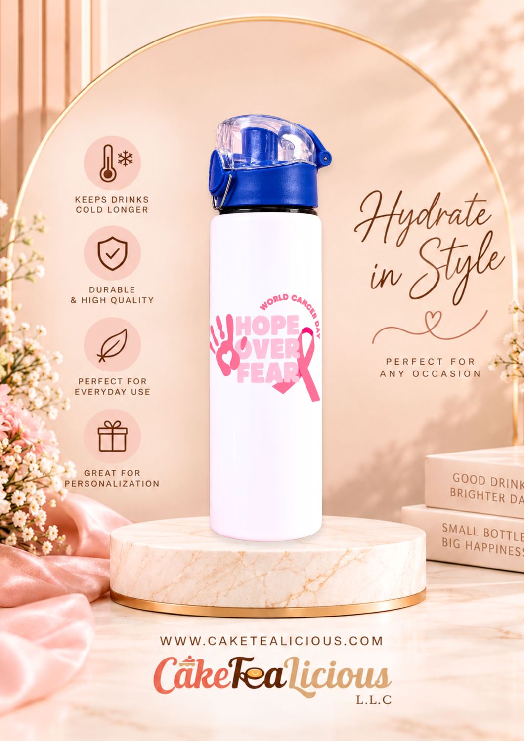 ALUMINIUM WATER BOTTLE 750ML WHITE BLUE CAP