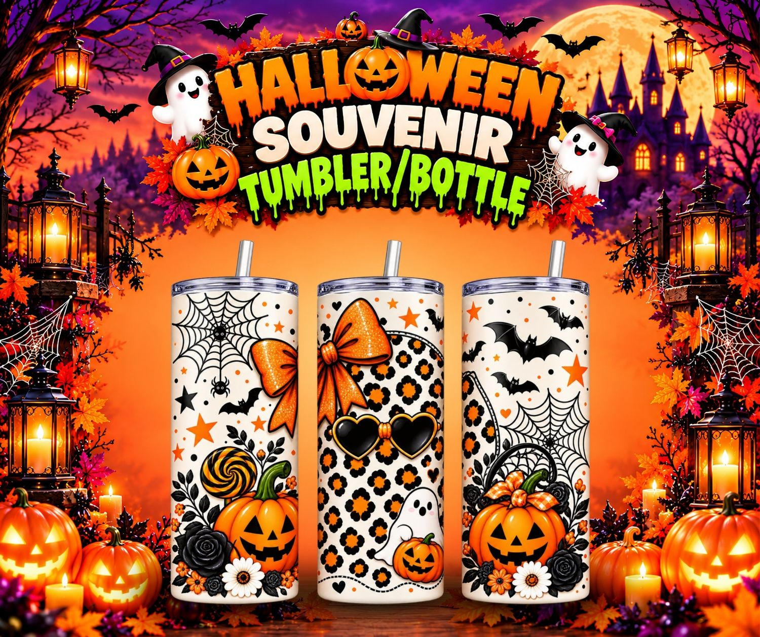 Spooky Steel Bottle with Straw