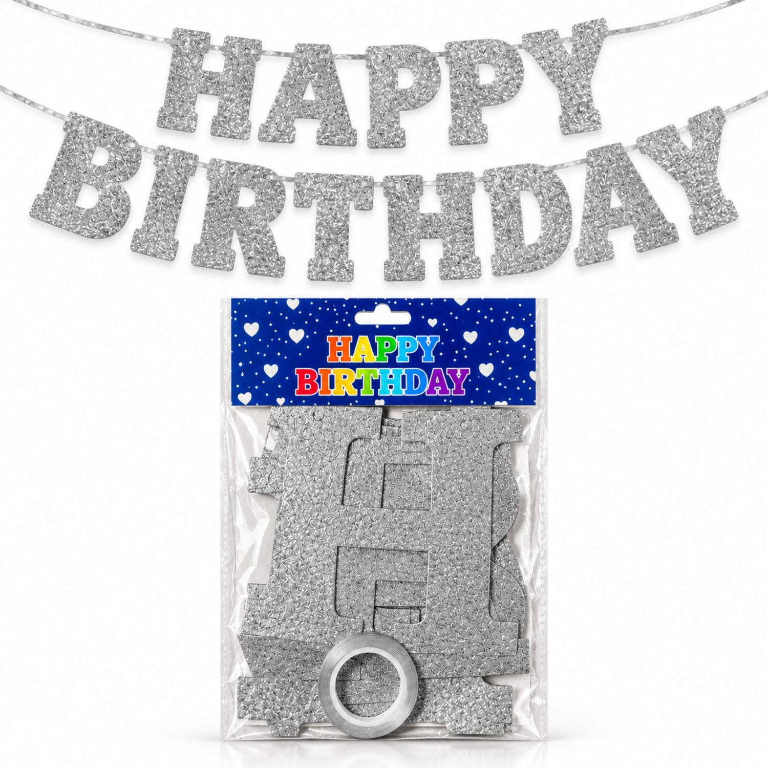 Happy Birthday Shape Cut Banner, Silver