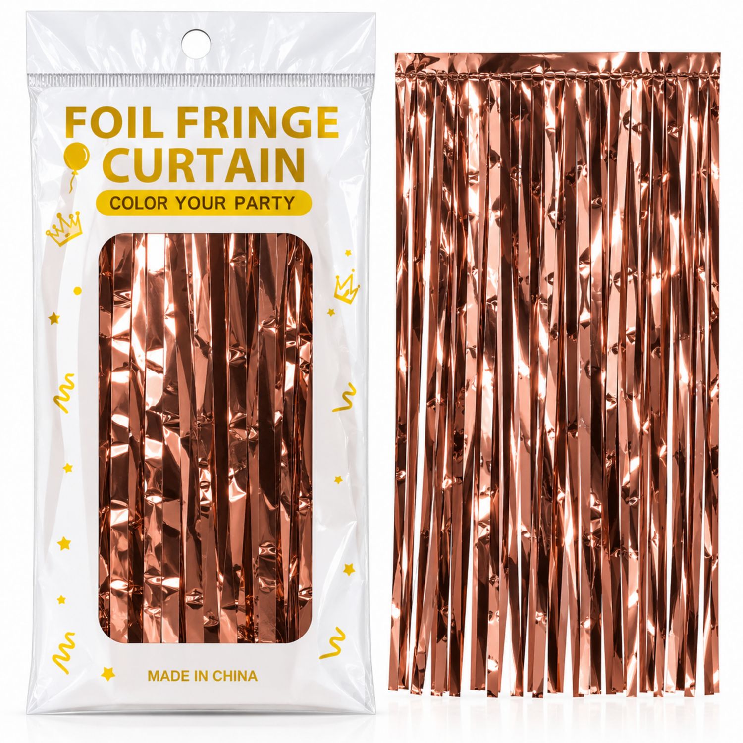 1mx2m Shiny Foil Fringe Curtain – Rose Gold
