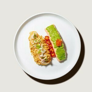 Baked Salmon with Pasta topped with Avocado Sauce