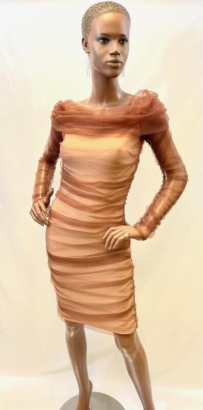 Cognac body con dress w/ sheer overlay