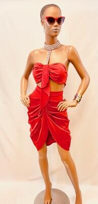 Red Satin 2pc skirt set w/cry stones