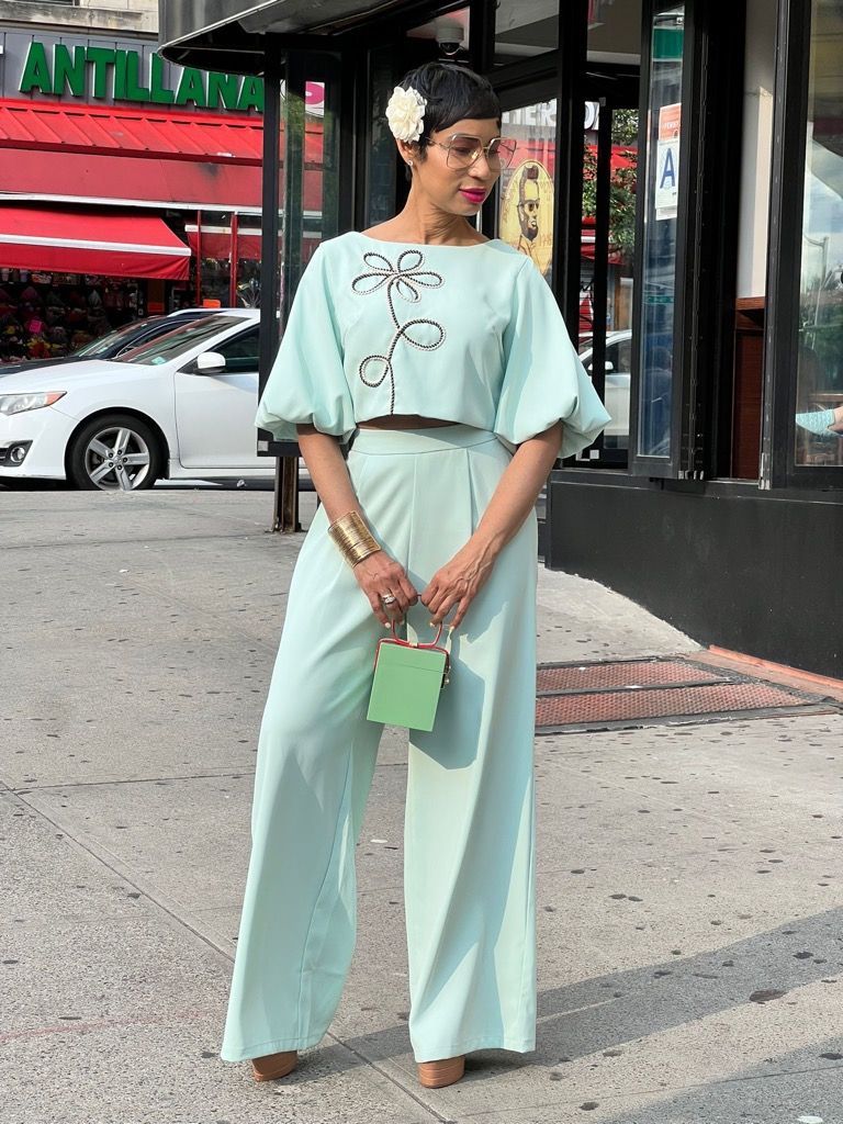 Mint Pants Set With Midriff Top
