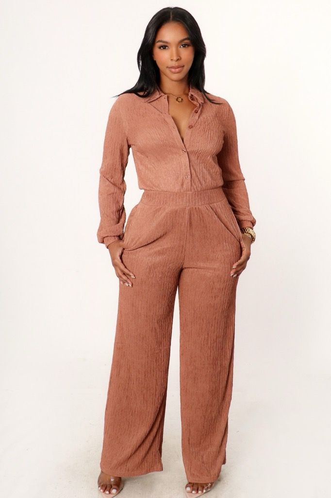 Taupe Jumpsuit with Button Top