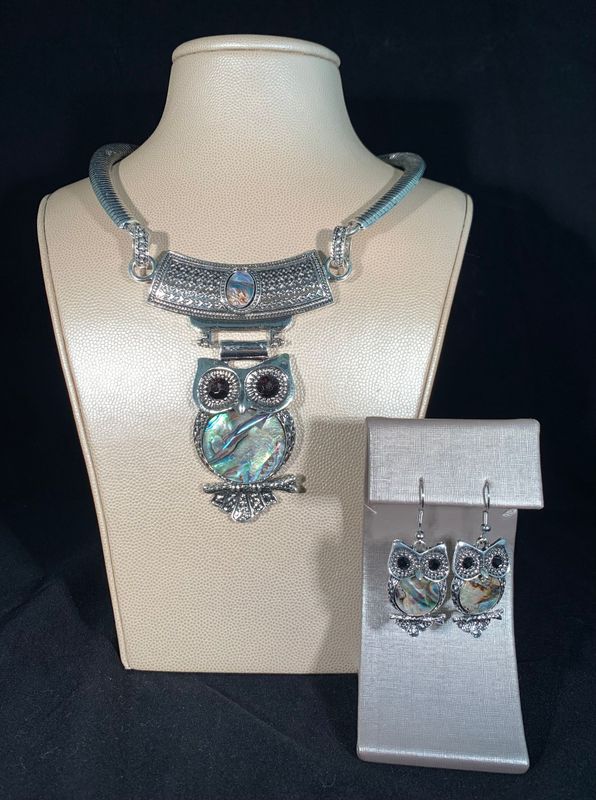 Silver Necklace Set With Black Iridescent Owl.