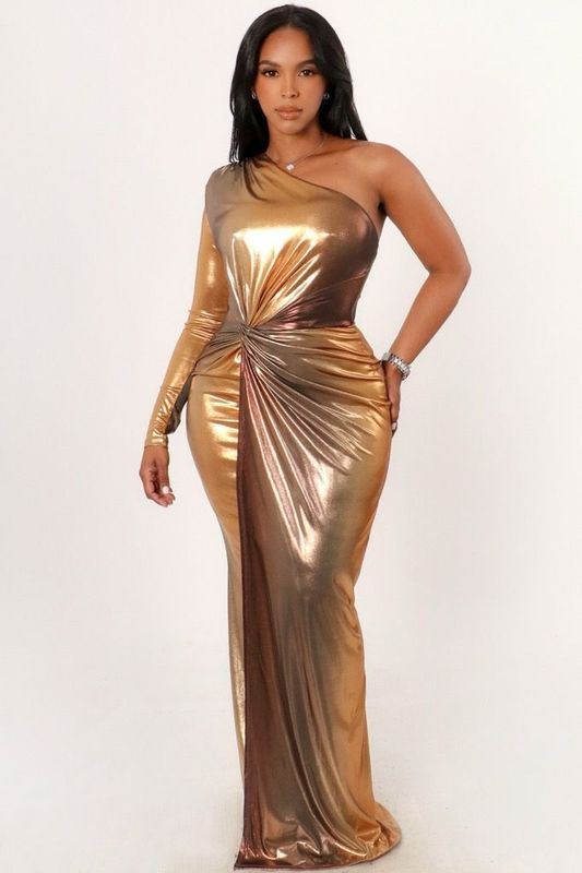 Bronze Metallic One Shoulder Maxi Dress