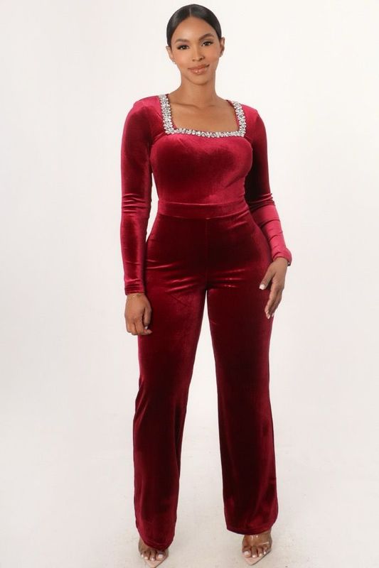 Burgundy Velvet Jumpsuit With Crystal Neckline