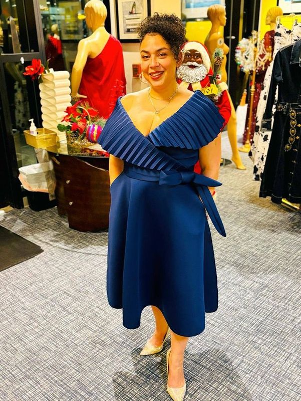 Navy Scuba Dress With Pleated Top