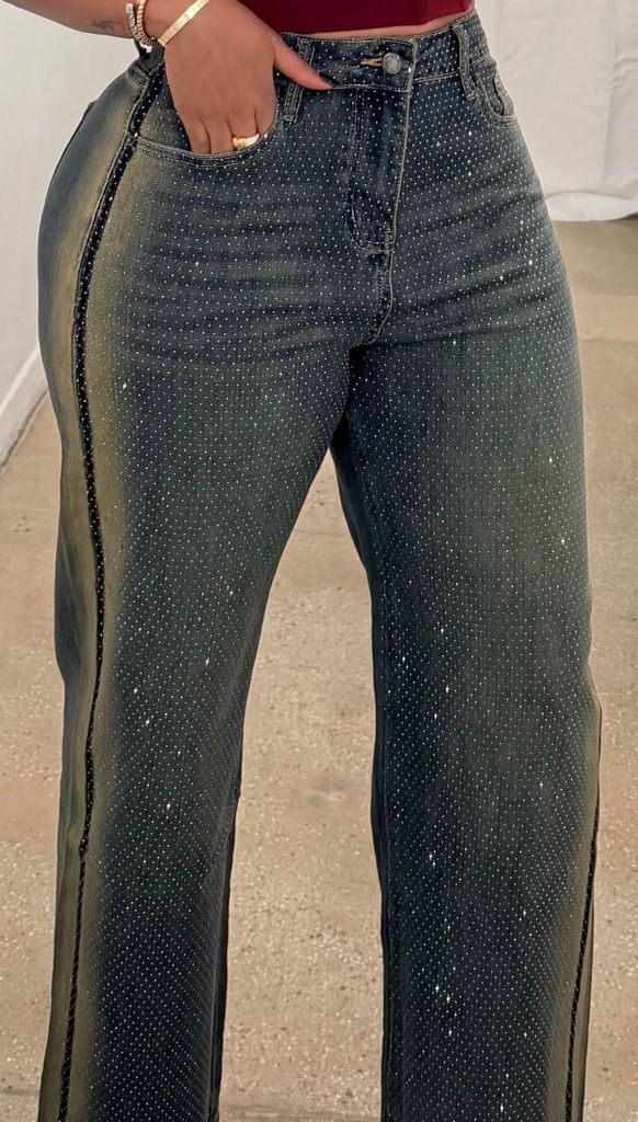 Stone Washed Jeans With Rhinestones