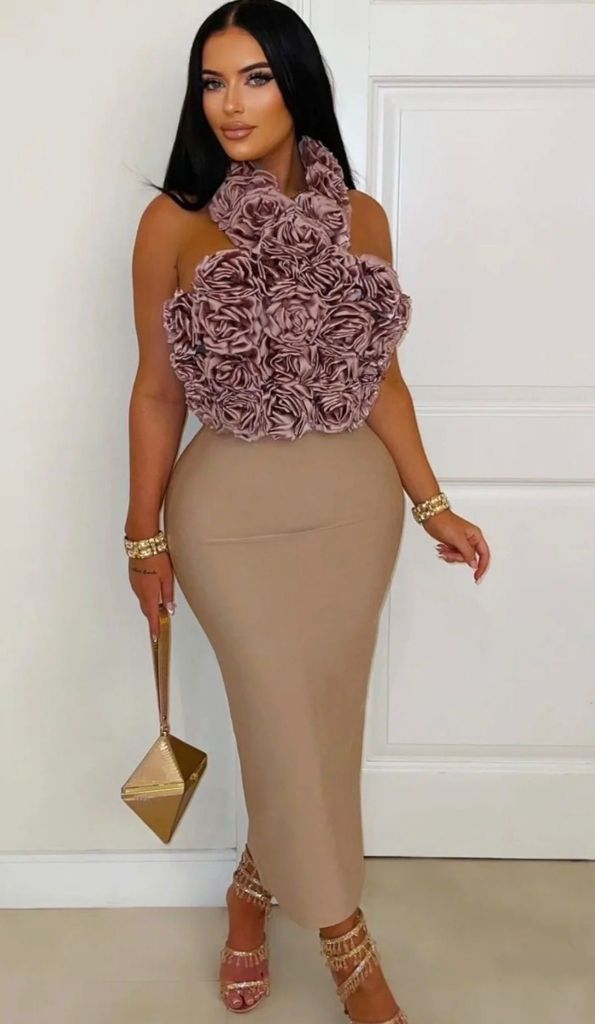 Apricot Midi Dress With Rose Halter Top