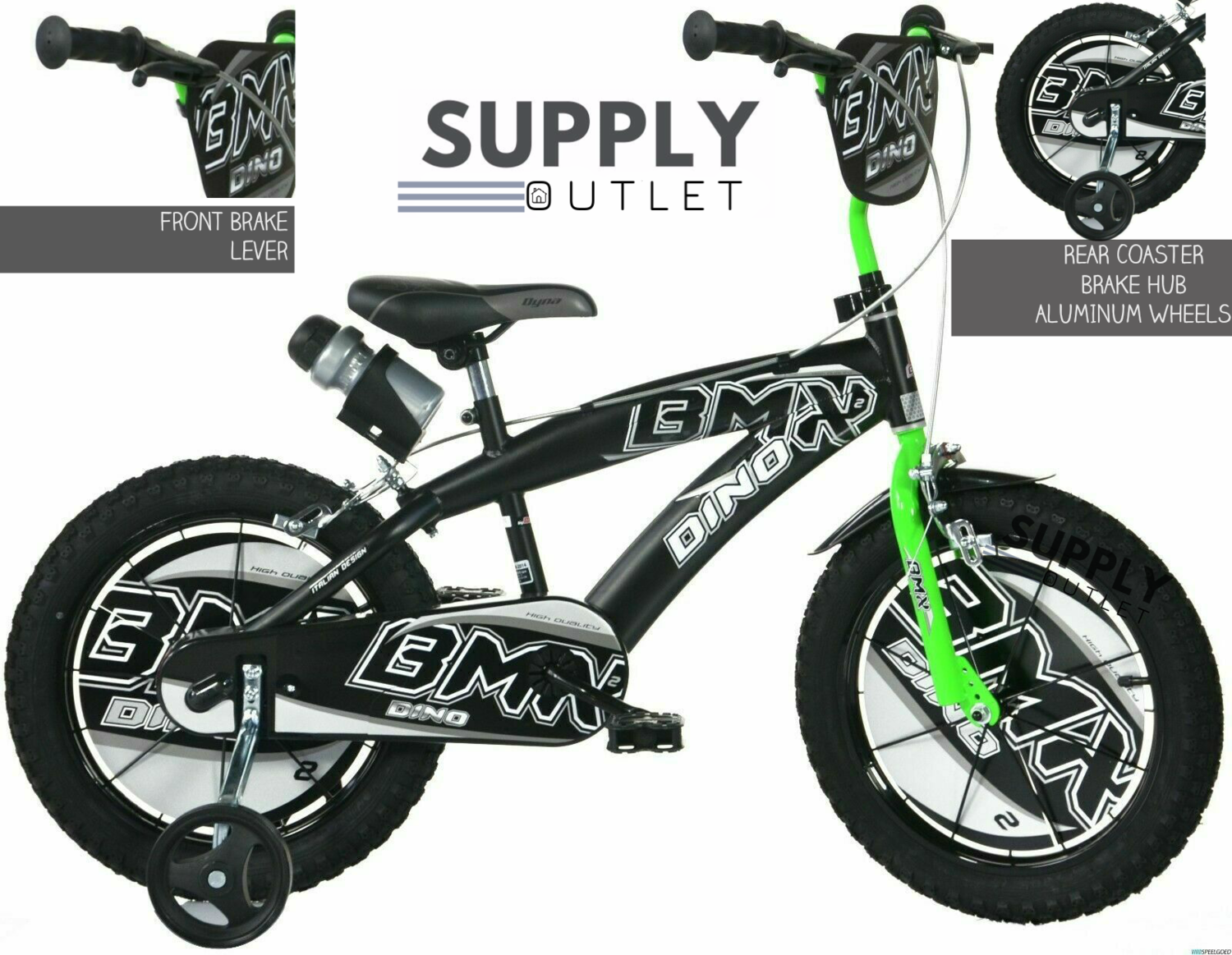 Dino 16" Inch BMX Bike Black & Green Kids Bicycle - Supply Outlet
