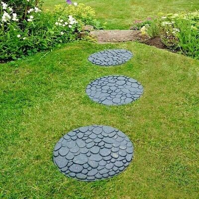 4 x Primeur Round Garden Stepping Stones Recycled Rubber River Rock Grey Durable