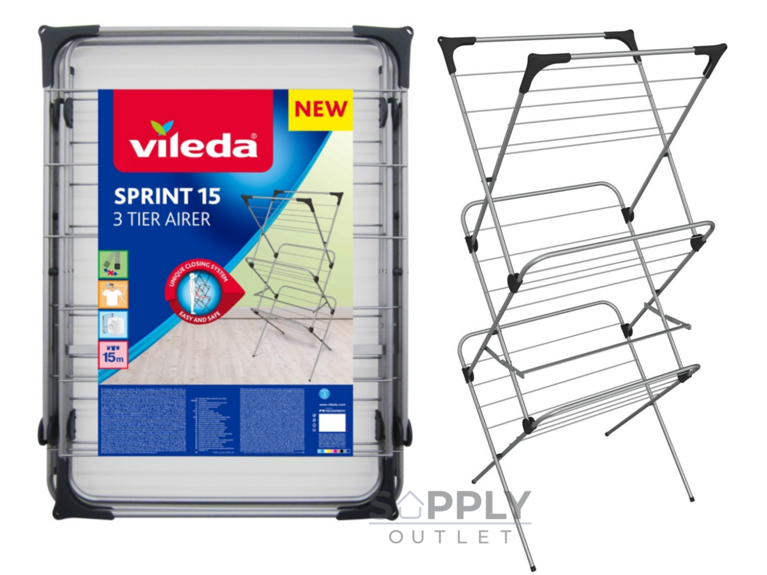 Vileda Sprint 3 Tier Silver Drying Rack Airer - Supply Outlet