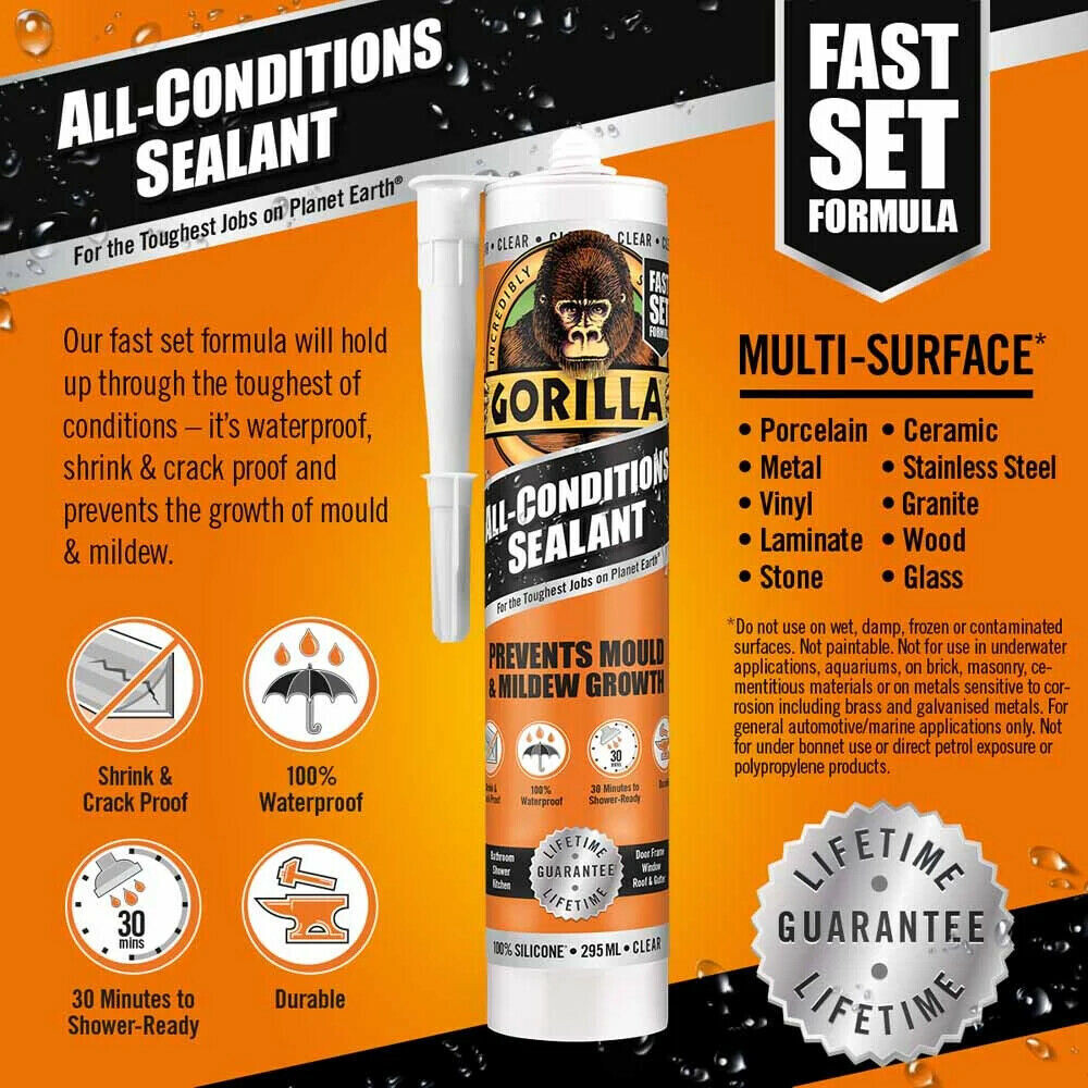 Gorilla All Conditions Sealant WHITE 295ml Fast Set Waterproof Durable Silicone Bathroom Kitchen Sink