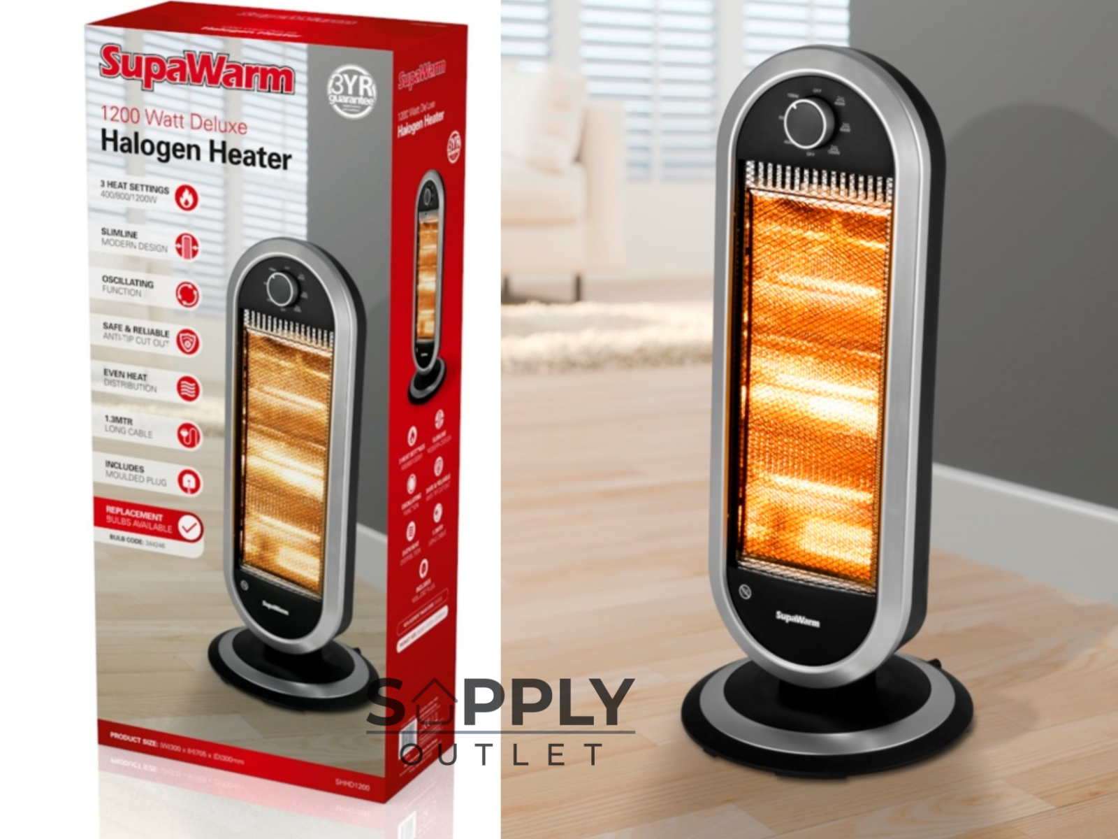 1200W Watts Halogen Portable Deluxe Heater - Supply Outlet