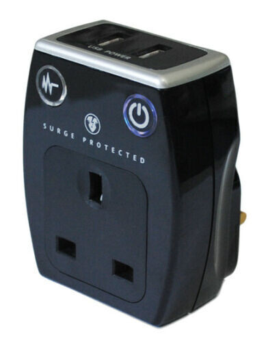 Masterplug SRGAUSBPB3-MP Black Surge Protect Plug Through 2 USB Charger Max 3.1A
