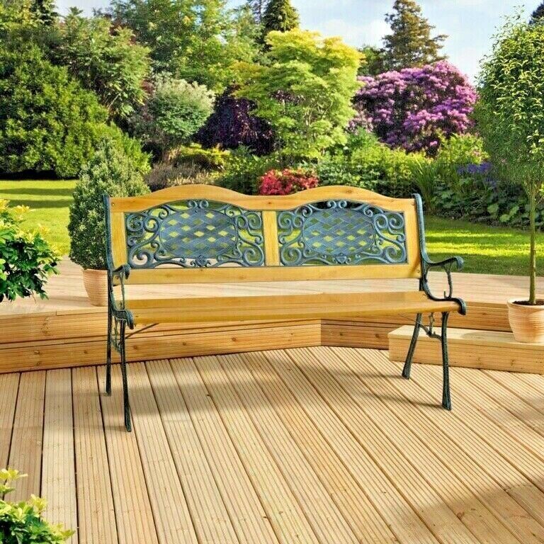Deluxe Twin 2 Seater Cast Iron Garden Hardwood Outdoor Bench Verdigris Finish