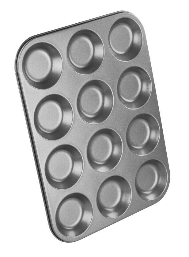 Chef Aid Non Stick Coating Shallow Bun Cupcake Cake Buns Baking Tin 12 Cup Holes