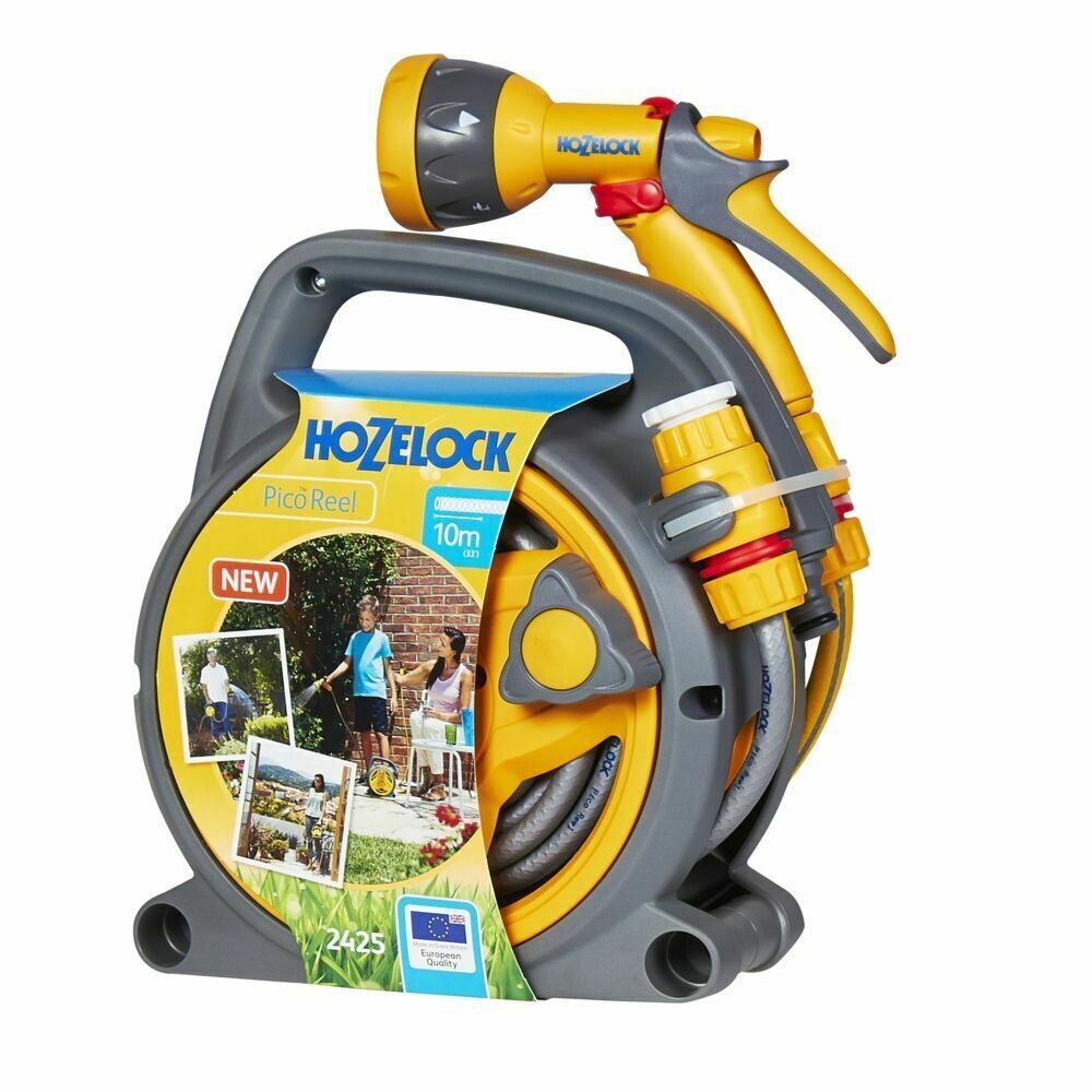 Hozelock 2425 Pico Reel Garden Hose 10m + 5 function Multi Spray Gun Watering