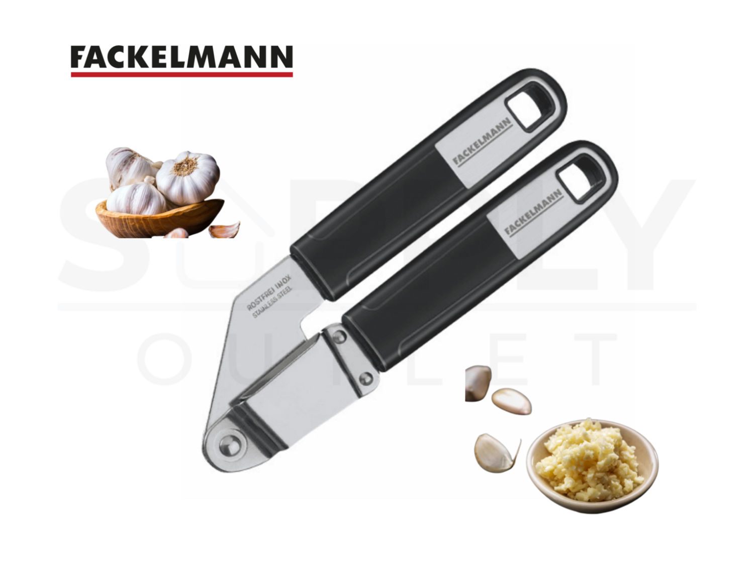 Facklemann Garlic Press Crusher Veg Cooking Kitchenware Utensils Soft Touch 18cm