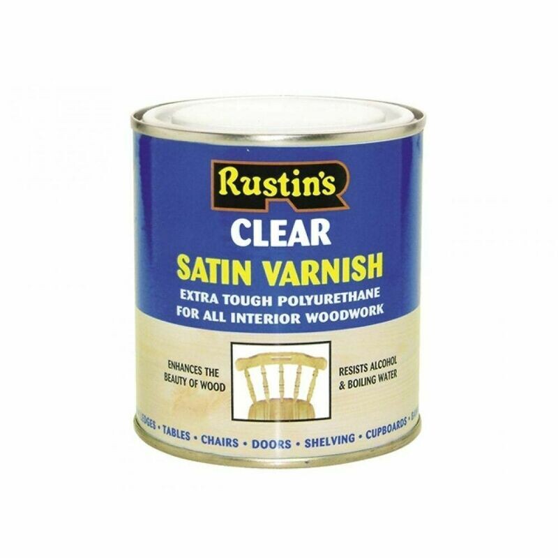Rustins Polyurethane Satin Finish Varnish Tough And Durable Woodwork500ml Clear