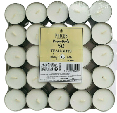 50 x Price's Candles White Tealights Long Burning Dinner Parties Occasions Pack