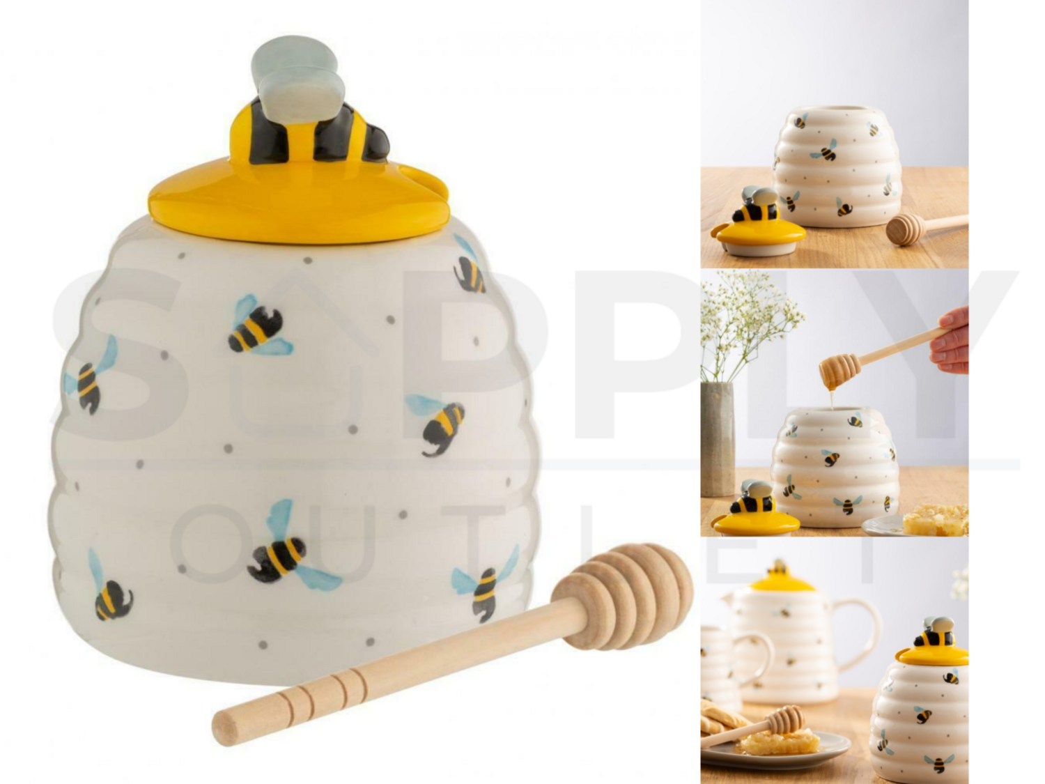 Sweet Bee Honey Serving Pot Ceramic Jar + Wood Honey Dipper Drizzler Set Decor