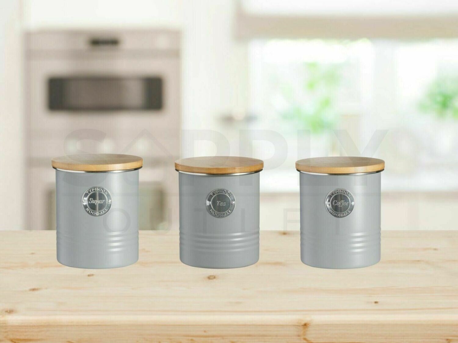Typhoon Living Storage Canister Bamboo Wooden Lid 1L Grey Tea Coffee Sugar Set