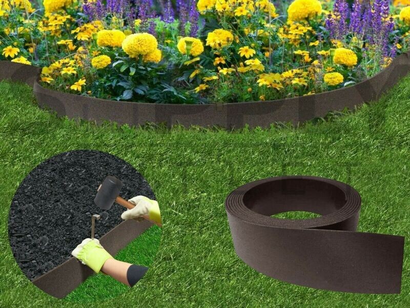 18m Earth Flexible Rubber Garden Edging Lawn Grass Border Edge Thin Line + Pegs