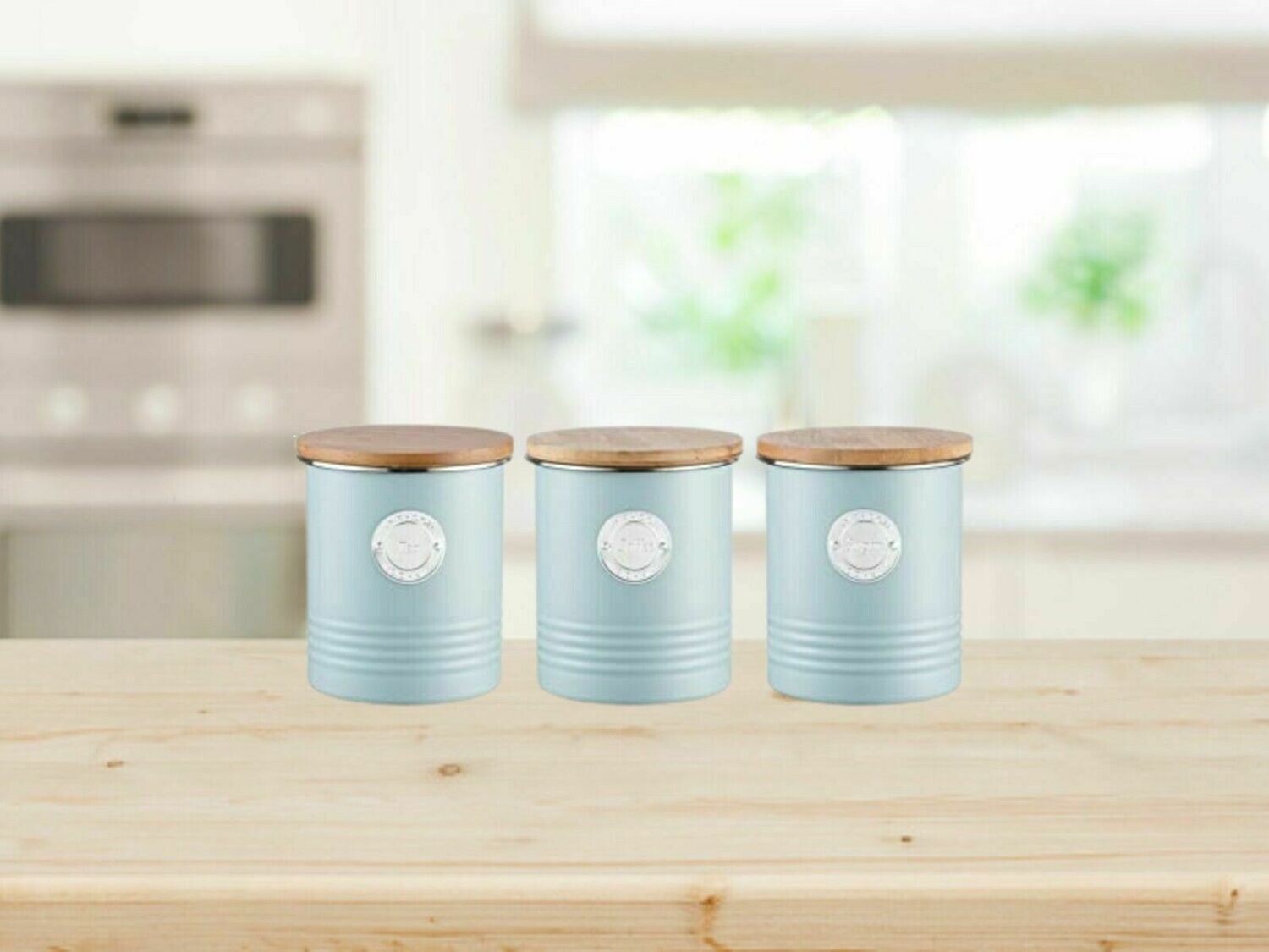 Typhoon Living Storage Canister Bamboo Wooden Lid 1L Blue Tea Coffee Sugar Set