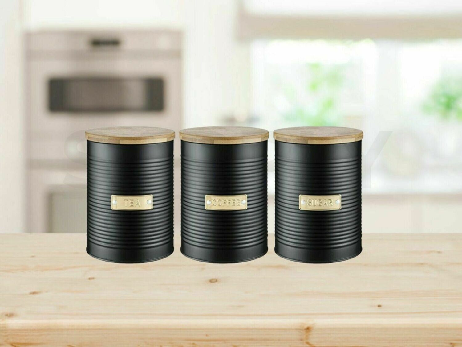 Typhoon Living Storage Canister Bamboo Wooden Lid 1L Black Tea Coffee Sugar Set