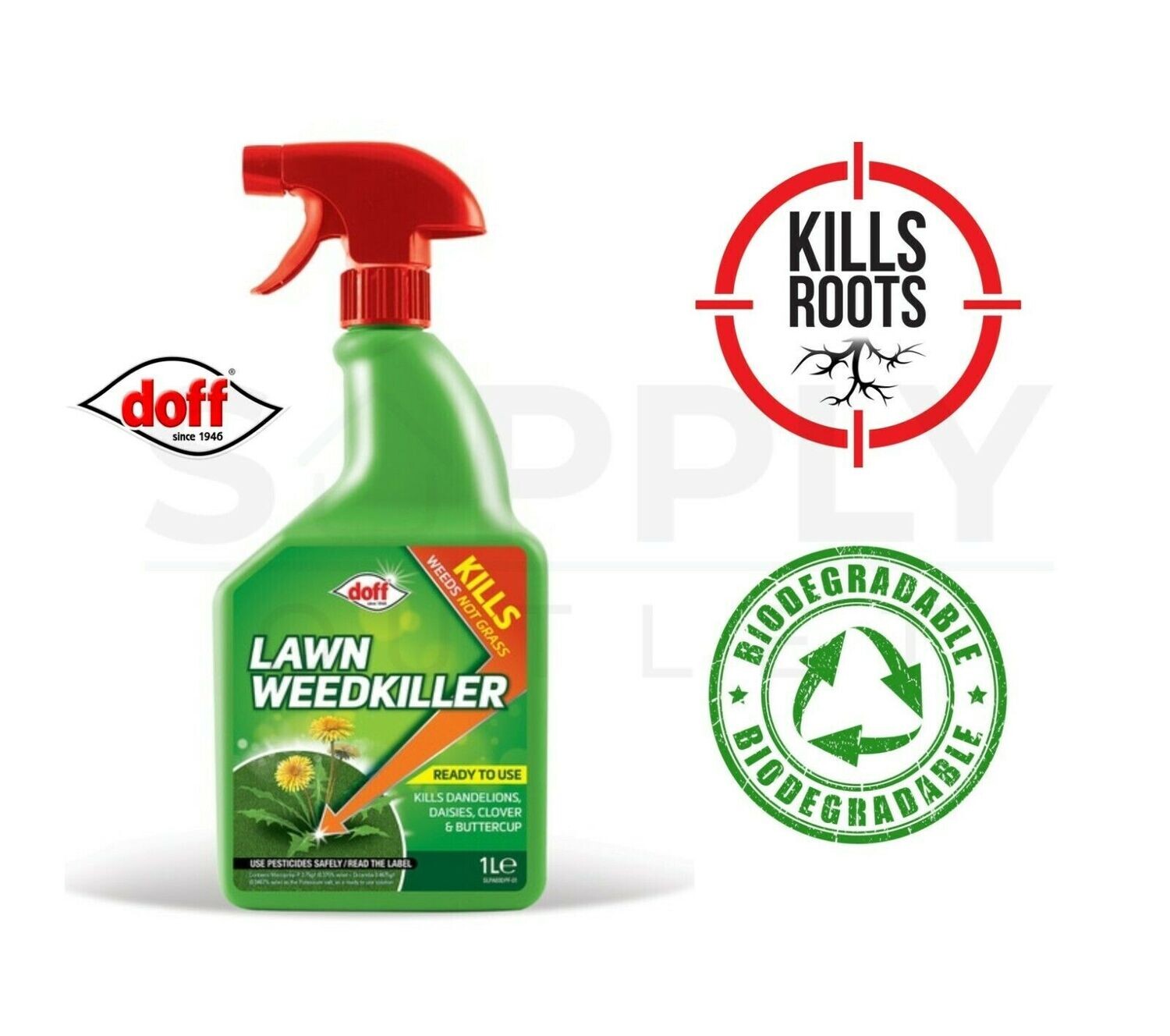 Doff 1L Lawn Weedkiller Spray Bottle Covers 50M² Lawn Fast Acting Garden Control