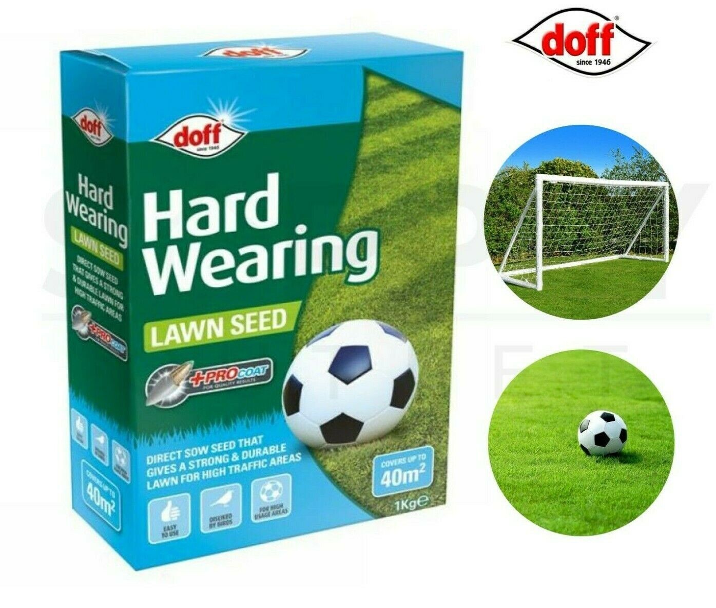 Doff 1kg Hardwearing Lawn Seed With Procoat Fast Acting Durable Cover Upto 40m2