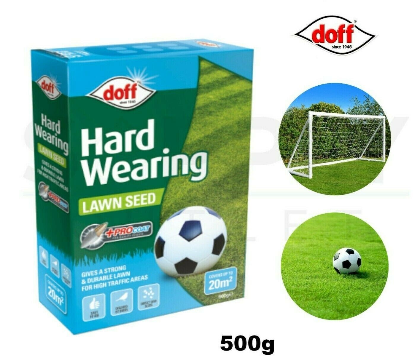Doff 500g Hardwearing Lawn Seed With Procoat Fast Acting Durable Cover Upto 20m2