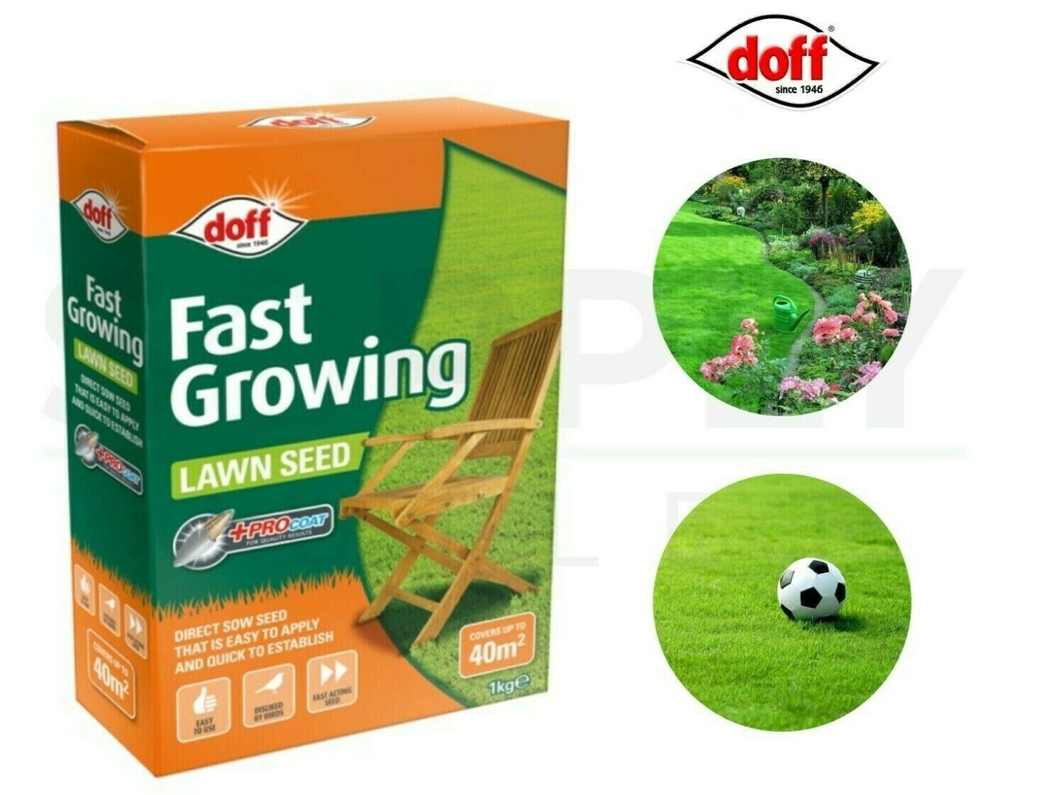 Doff 1kg Fast Acting Lawn Seed With Pro coat Fertiliser Direct Sow Seed for 40m2