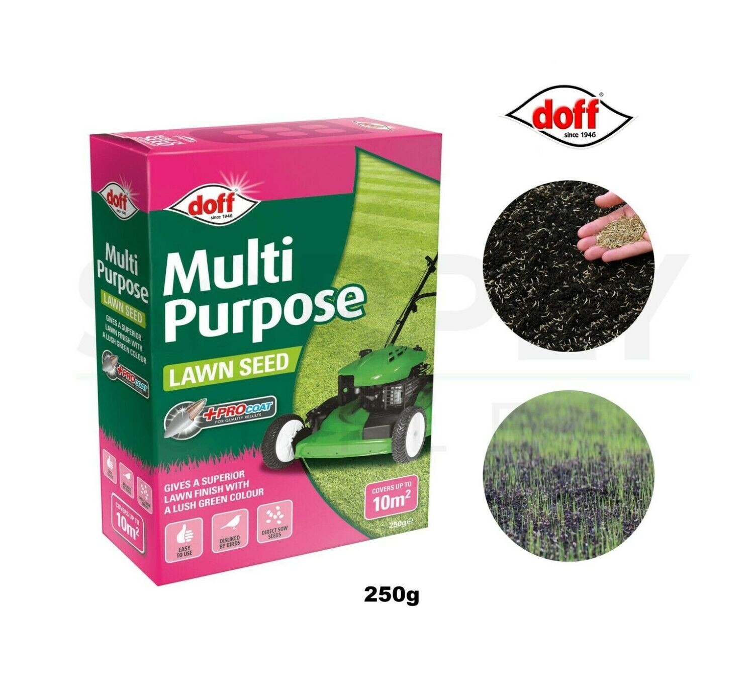 Doff 250g MultiPurpose Grass Lawn Direct Sew Seeds with Procoat Extra Green Lawn