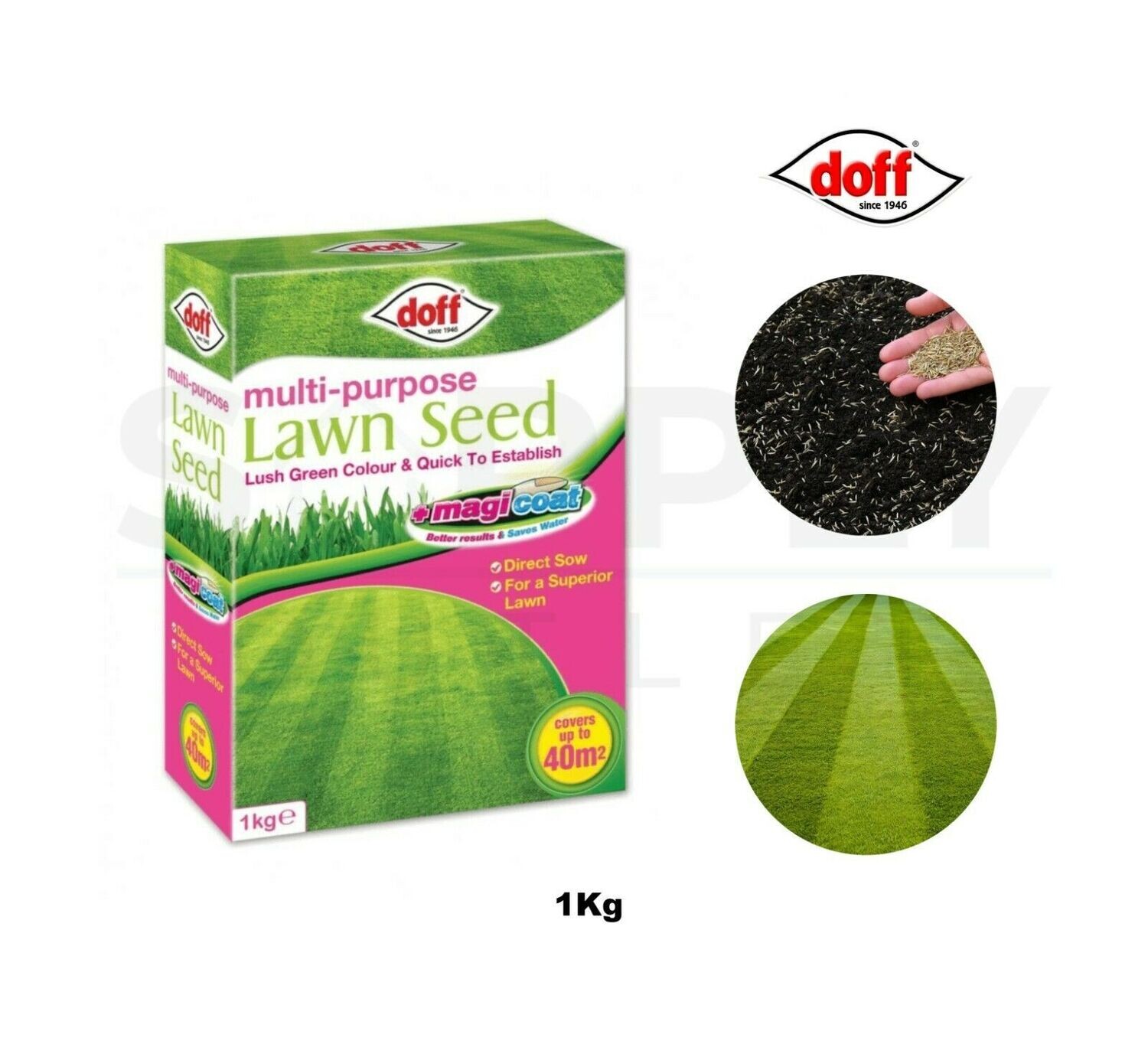 Doff 1Kg Multi Purpose Magicoat Lawn Seed Direct Sow Garden Care Covers 40m2