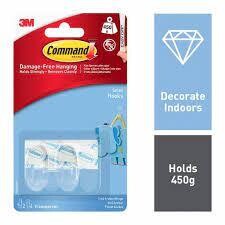 3M Command 2 Small Hooks Clear Self Adhesive 4 Strips