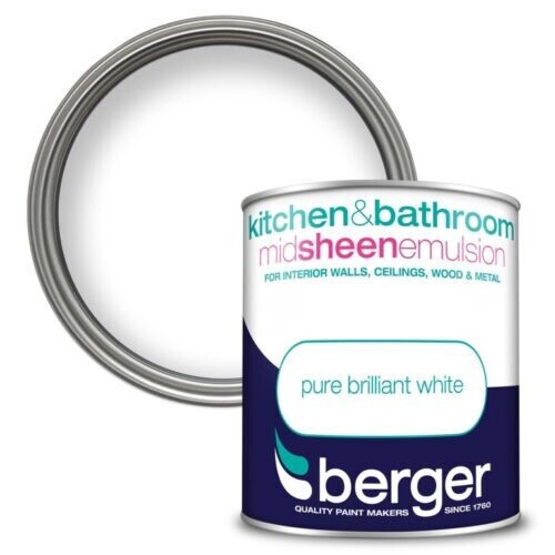 Berger 1L Kitchen & Bathroom Mid Sheen Pure Brilliant White Paint Walls Ceiling