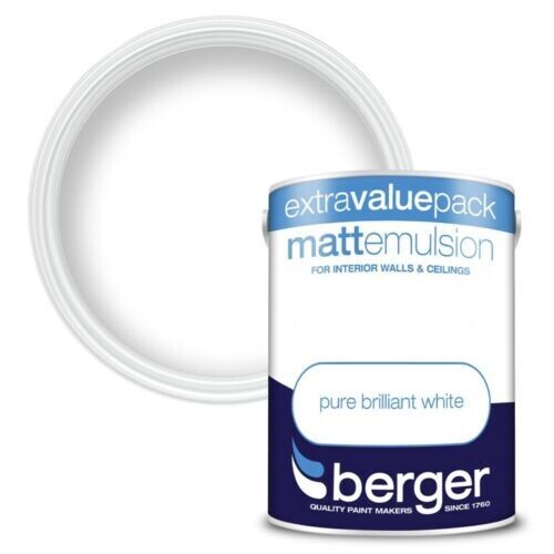 Berger 3L Matt Emulsion Pure Brilliant White Interior Paint Walls Ceilings DIY
