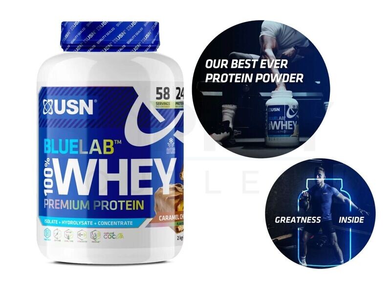 USN 2kg Blue Lab Whey Protein Powder Caramel Chocolate Flavour