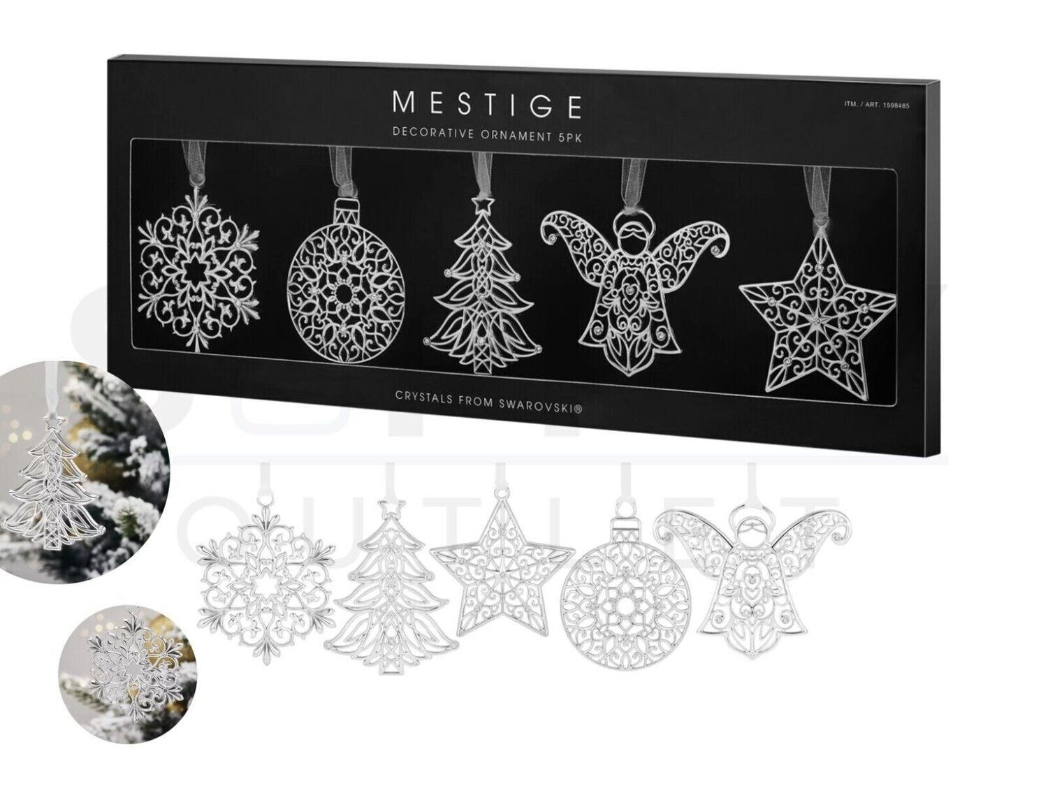 Mestige Silver 5 Pc Decorative Christmas Tree Ornaments Swarovski