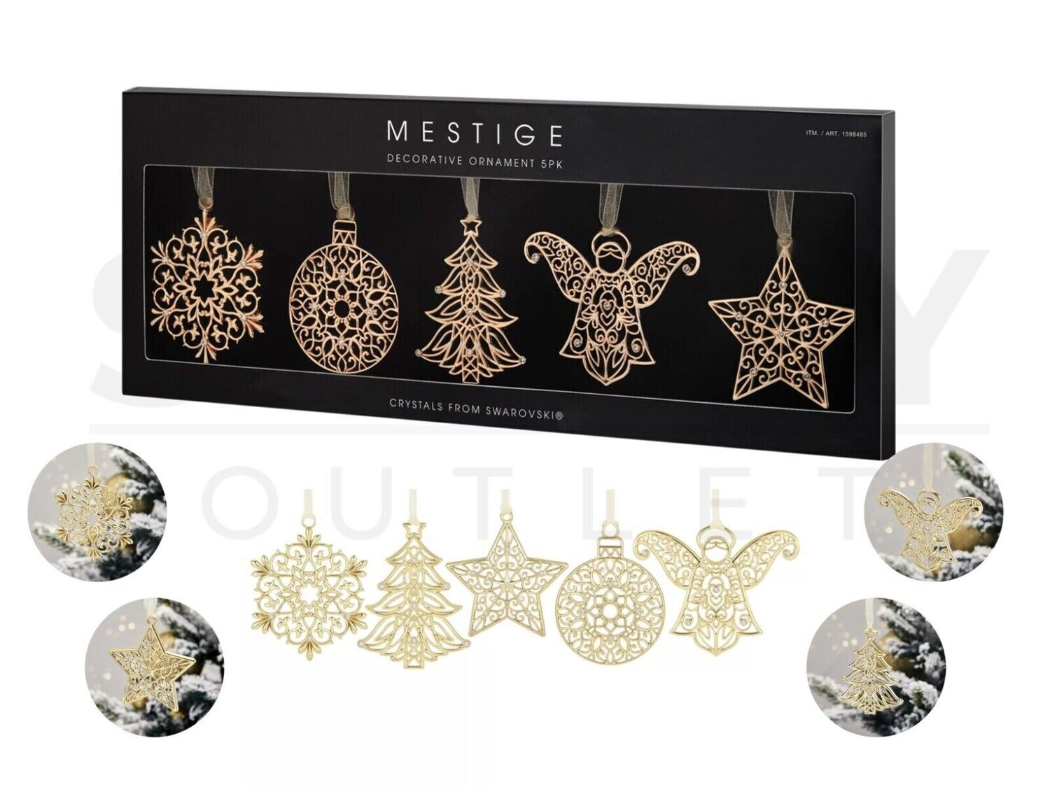 Mestige Gold 5 Pack Decorative Christmas Tree Ornaments Swarovski