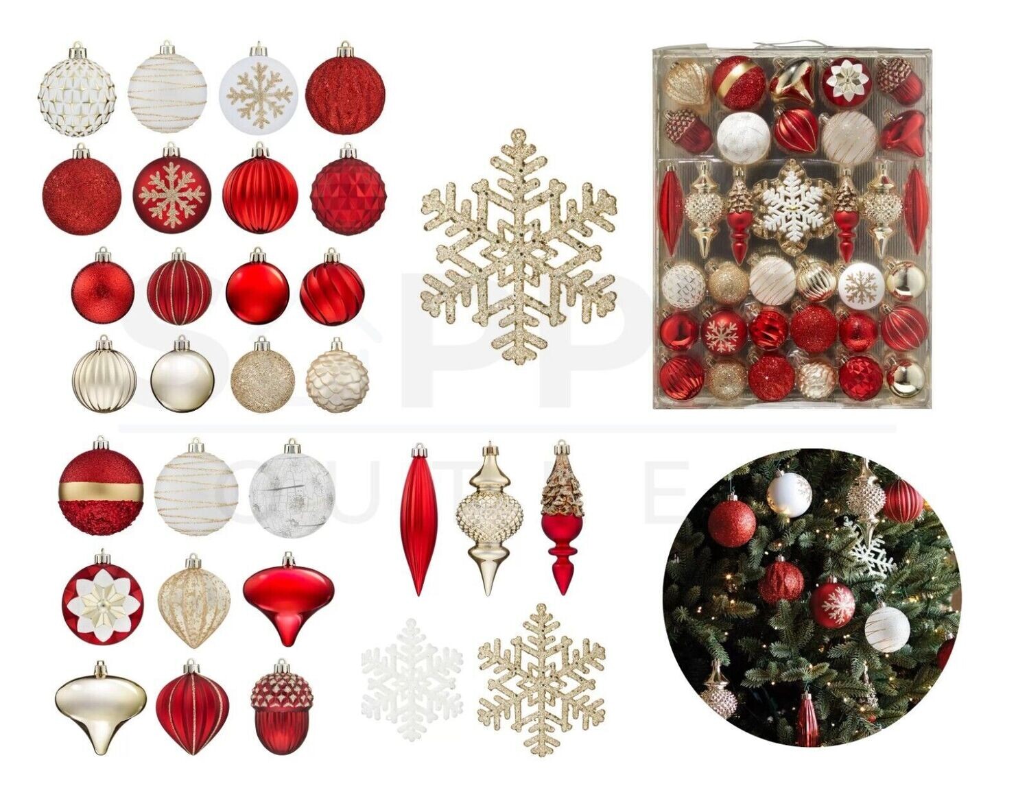 Christmas Ornament Bauble Set 7 Piece Red White Gold