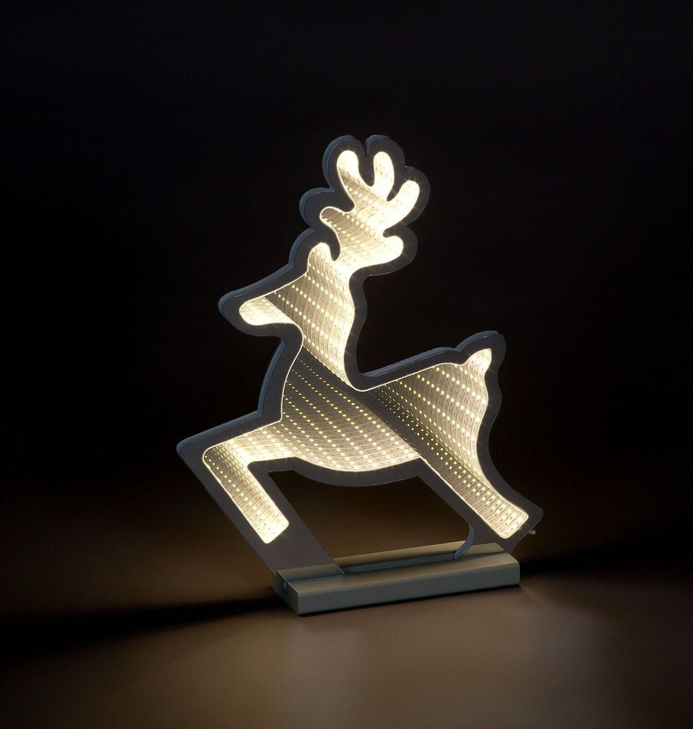 Snowtime 40cm Ice White Leaping Reindeer Light Wooden Base